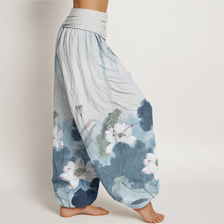 Pantalones harén con cintura elástica para mujer, con estampado de flor de loto y tinta informal de Buddha Stones - image 8
