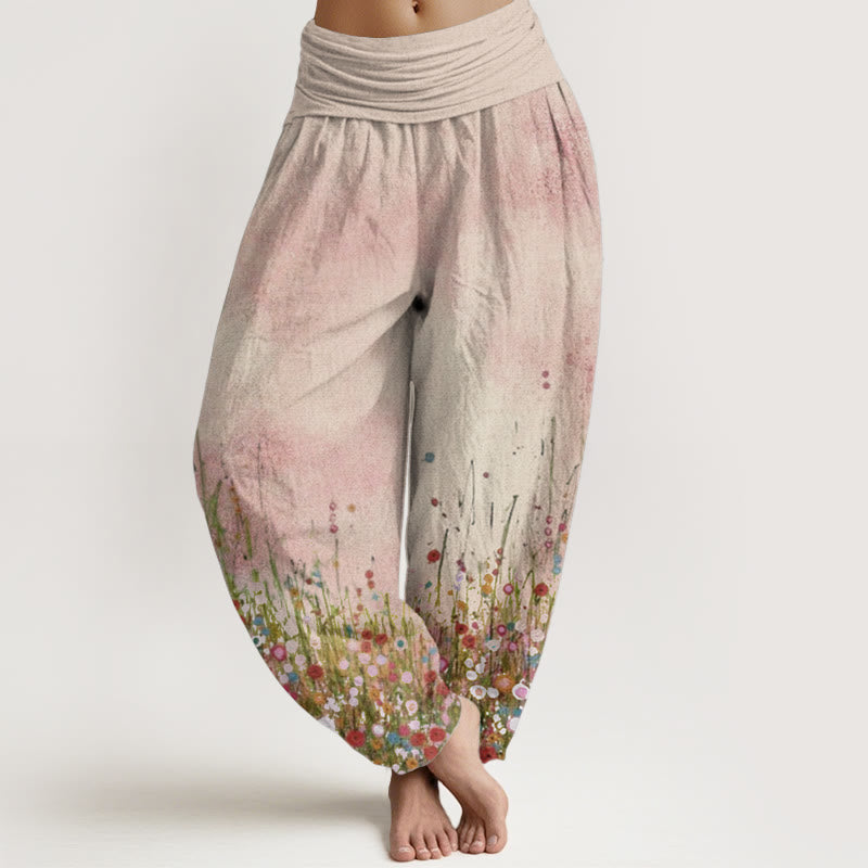 Pantalones Buddha Stones de algodón puro con estampado de flores silvestres coloridas para mujer, informales, con cintura elástica - Blanco antiguo - US22，UK/AU26，EU54 (6XL) - image 0