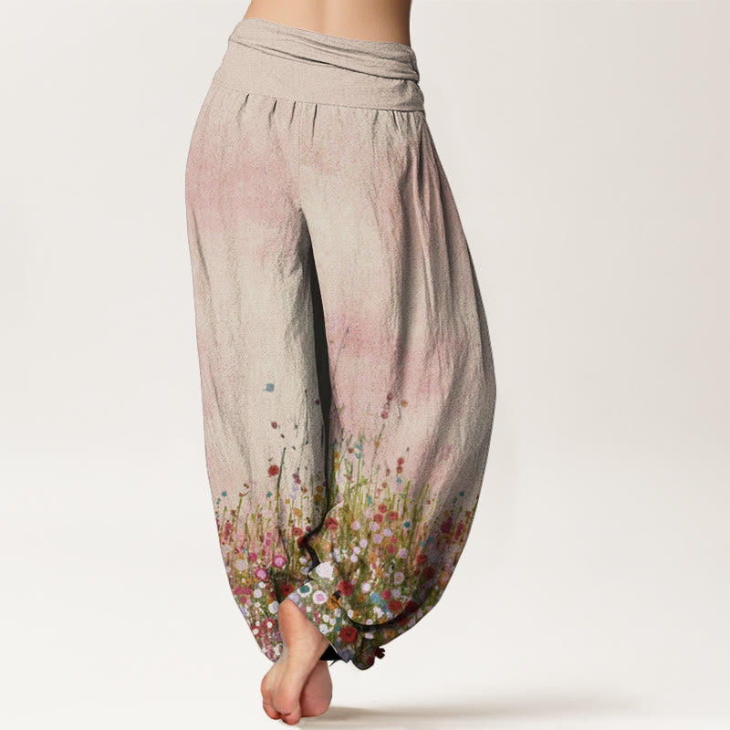Pantalones Buddha Stones de algodón puro con estampado de flores silvestres coloridas para mujer, informales, con cintura elástica - image 1