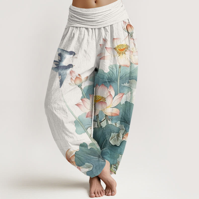 Pantalones harén de cintura elástica para mujer, informales, con estampado de estanque de loto y Buddha Stones , de verano - Nieve - US22，UK/AU26，EU54 (6XL) - image 0