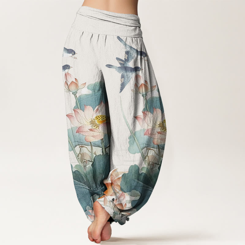 Pantalones harén de cintura elástica para mujer, informales, con estampado de estanque de loto y Buddha Stones , de verano - image 2