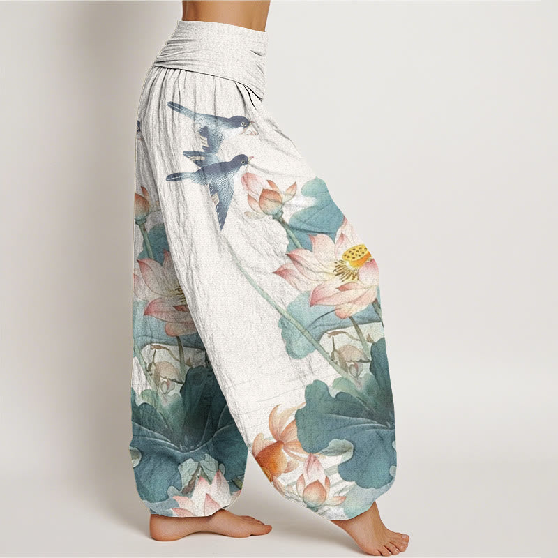 Pantalones harén de cintura elástica para mujer, informales, con estampado de estanque de loto y Buddha Stones , de verano - image 1
