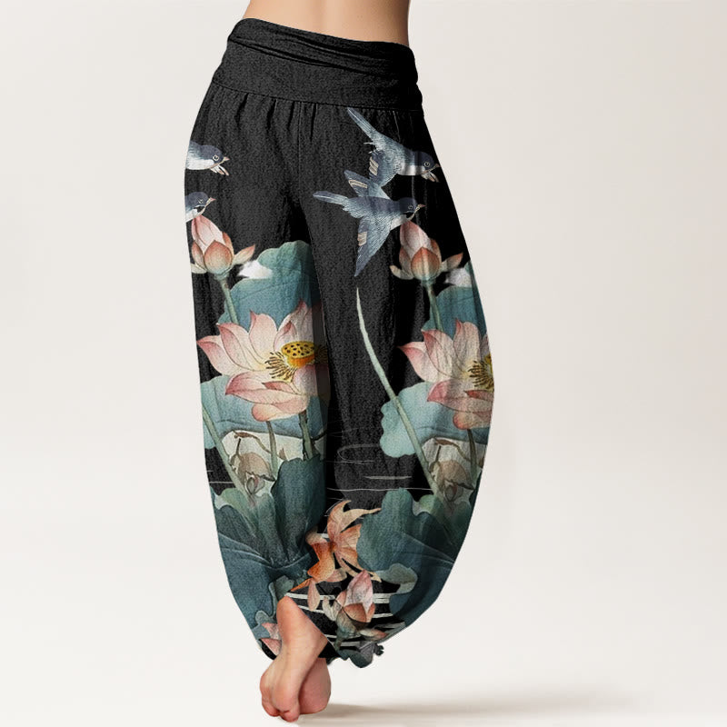 Pantalones harén de cintura elástica para mujer, informales, con estampado de estanque de loto y Buddha Stones , de verano - image 7