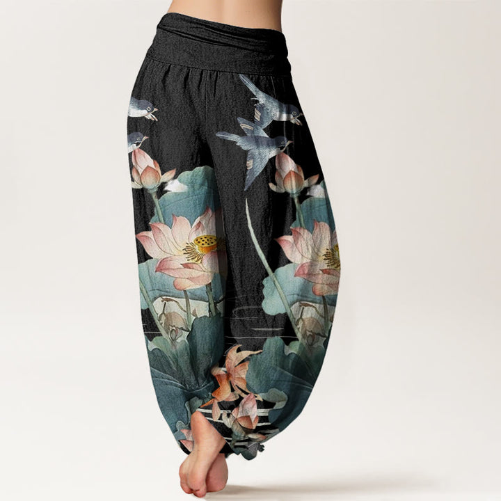 Pantalones harén de cintura elástica para mujer, informales, con estampado de estanque de loto y Buddha Stones , de verano - image 7