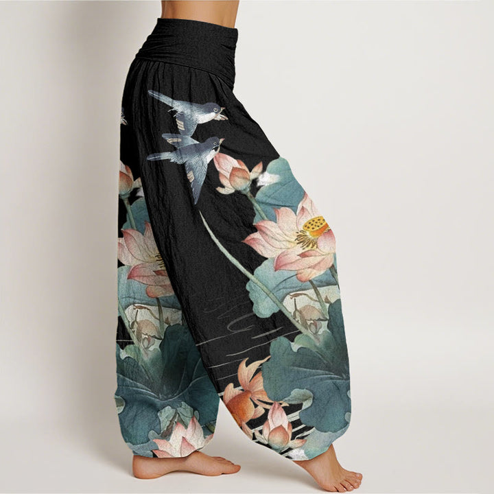 Pantalones harén de cintura elástica para mujer, informales, con estampado de estanque de loto y Buddha Stones , de verano - image 6