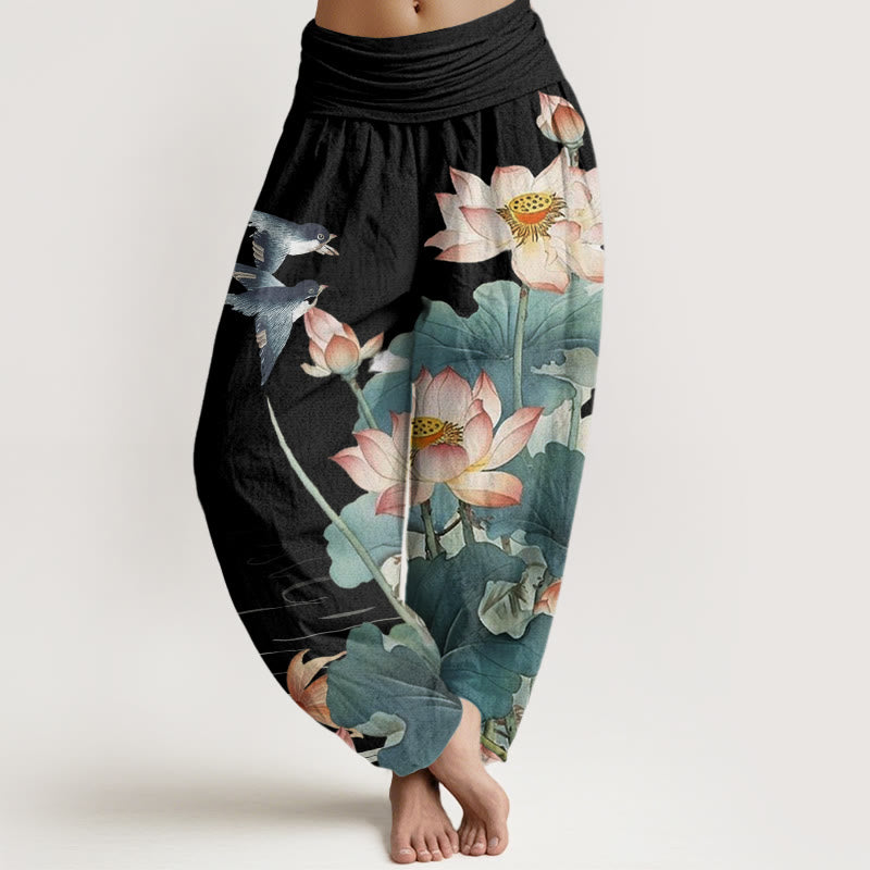 Pantalones harén de cintura elástica para mujer, informales, con estampado de estanque de loto y Buddha Stones , de verano - Negro - US22，UK/AU26，EU54 (6XL) - image 4