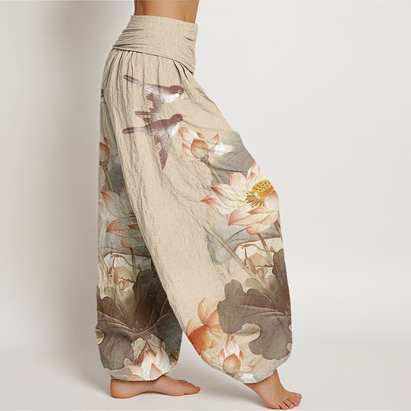 Pantalones harén de cintura elástica para mujer, informales, con estampado de estanque de loto y Buddha Stones , de verano - image 9