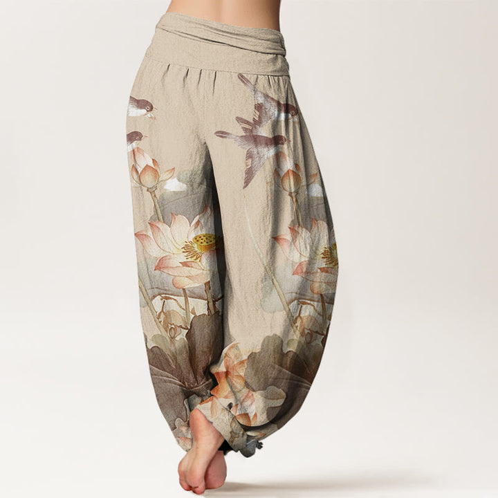 Pantalones harén de cintura elástica para mujer, informales, con estampado de estanque de loto y Buddha Stones , de verano - image 10
