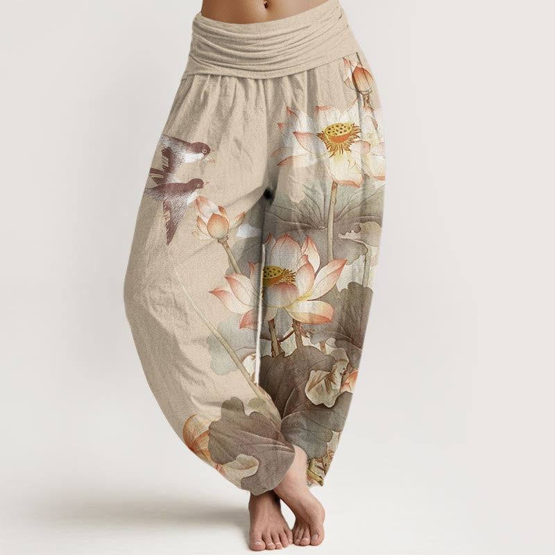 Pantalones harén de cintura elástica para mujer, informales, con estampado de estanque de loto y Buddha Stones , de verano - Broncearse - US22，UK/AU26，EU54 (6XL) - image 7