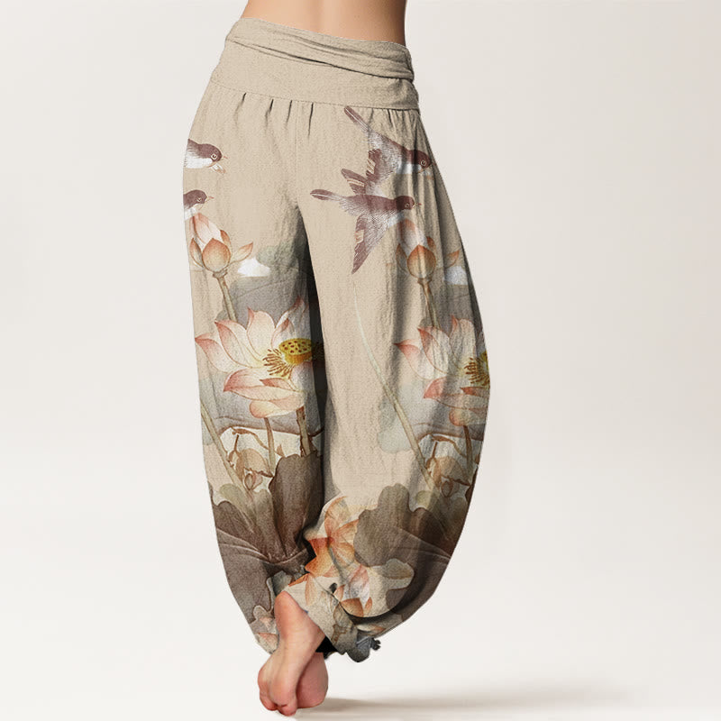 Pantalones harén de cintura elástica para mujer, informales, con estampado de estanque de loto y Buddha Stones , de verano - image 9