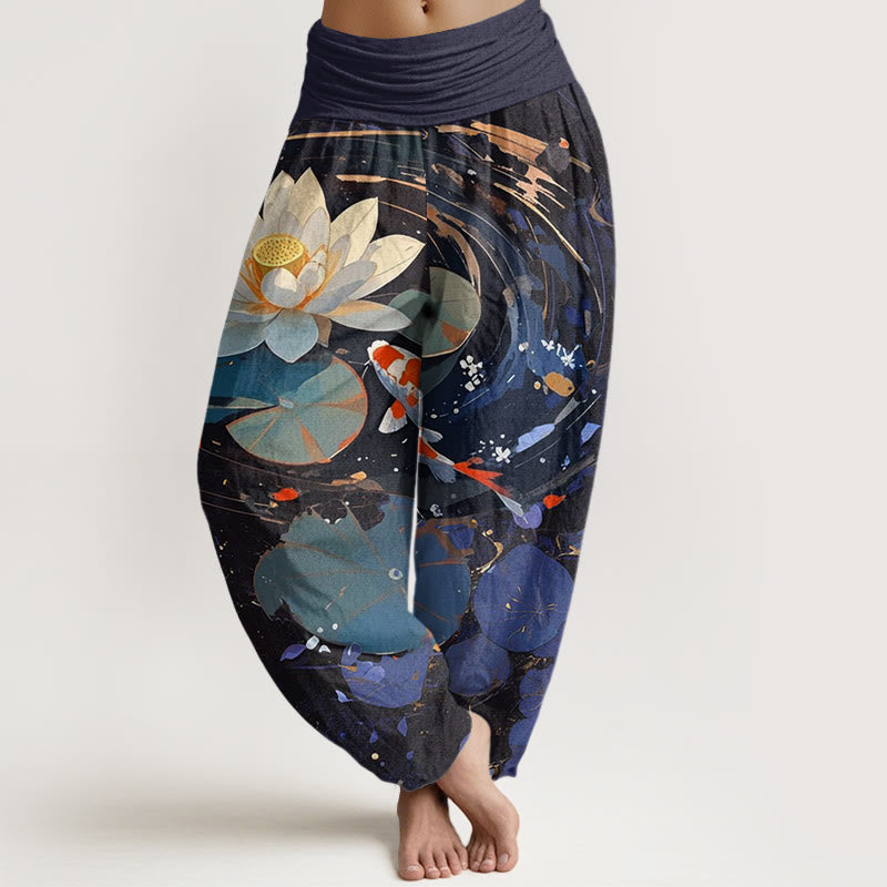 Pantalones harén de cintura elástica para mujer con estampado de peces koi y estanque de loto de Buddha Stones - Azul oscuro - US22，UK/AU26，EU54 (6XL) - image 0