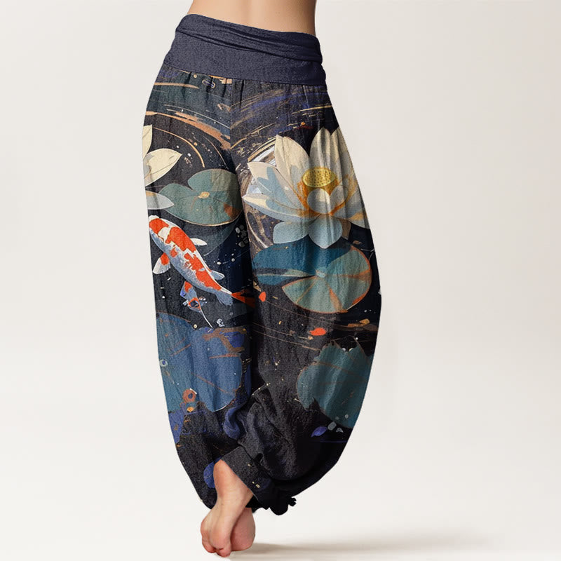 Pantalones harén de cintura elástica para mujer con estampado de peces koi y estanque de loto de Buddha Stones - image 3