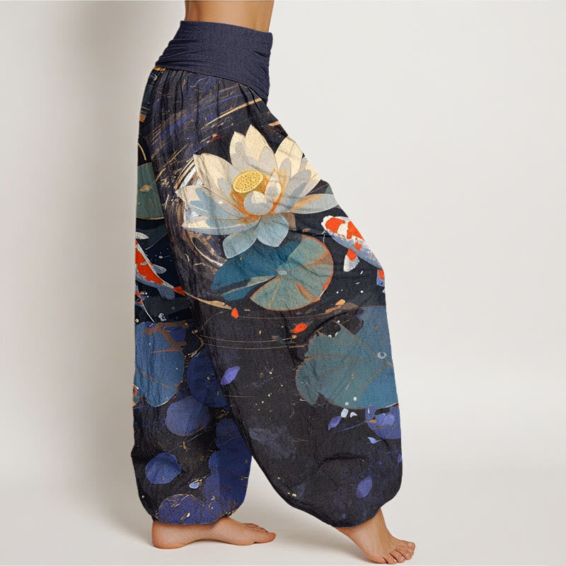 Pantalones harén de cintura elástica para mujer con estampado de peces koi y estanque de loto de Buddha Stones - image 1