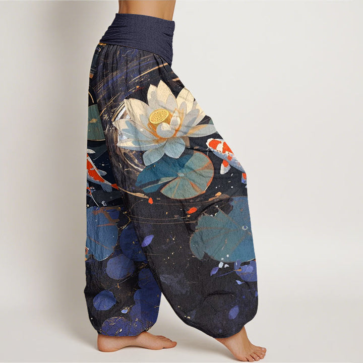 Pantalones harén de cintura elástica para mujer con estampado de peces koi y estanque de loto de Buddha Stones - image 1