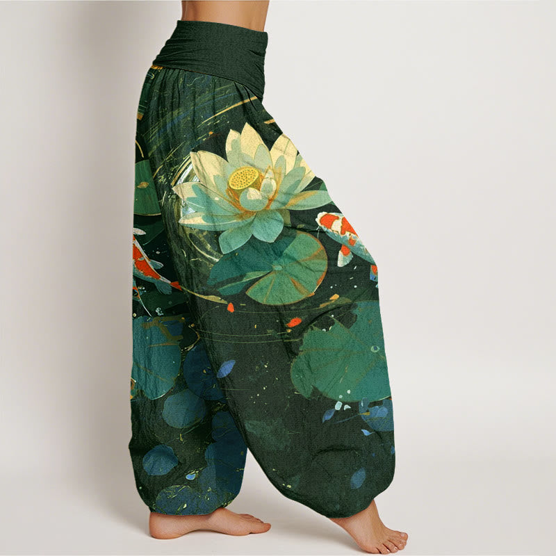 Pantalones harén de cintura elástica para mujer con estampado de peces koi y estanque de loto de Buddha Stones - image 5