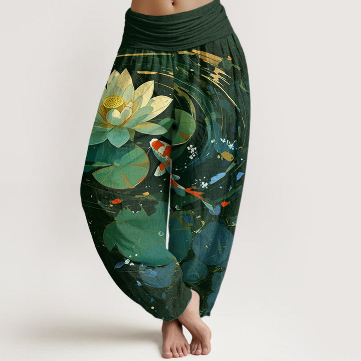 Pantalones harén de cintura elástica para mujer con estampado de peces koi y estanque de loto de Buddha Stones - Verde oscuro - US22，UK/AU26，EU54 (6XL) - image 5