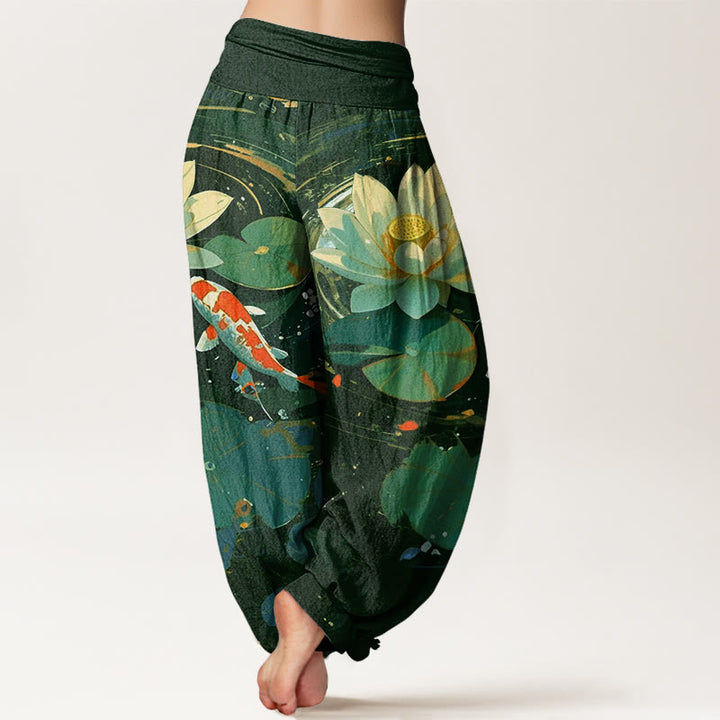 Pantalones harén de cintura elástica para mujer con estampado de peces koi y estanque de loto de Buddha Stones - image 6
