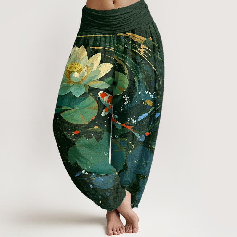 Pantalones harén de cintura elástica para mujer con estampado de peces koi y estanque de loto de Buddha Stones - Verde oscuro - US22，UK/AU26，EU54 (6XL) - image 4