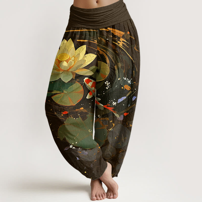 Pantalones harén de cintura elástica para mujer con estampado de peces koi y estanque de loto de Buddha Stones - SaddleBrown - US22，UK/AU26，EU54 (6XL) - image 7