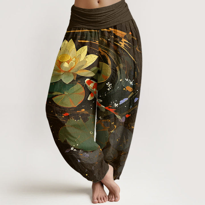 Pantalones harén de cintura elástica para mujer con estampado de peces koi y estanque de loto de Buddha Stones - SaddleBrown - US22，UK/AU26，EU54 (6XL) - image 7