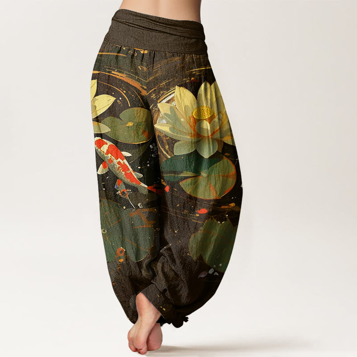Pantalones harén de cintura elástica para mujer con estampado de peces koi y estanque de loto de Buddha Stones - image 10