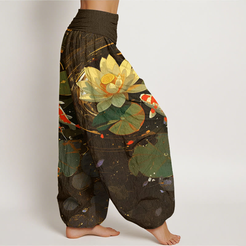 Pantalones harén de cintura elástica para mujer con estampado de peces koi y estanque de loto de Buddha Stones - image 9