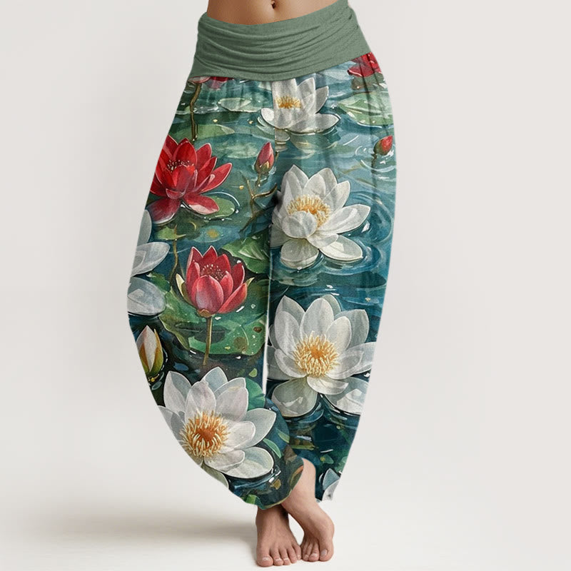 Pantalones harén con cintura elástica para mujer, informales, con estampado de flor de loto roja y Buddha Stones - Verde bosque - US22，UK/AU26，EU54 (6XL) - image 0