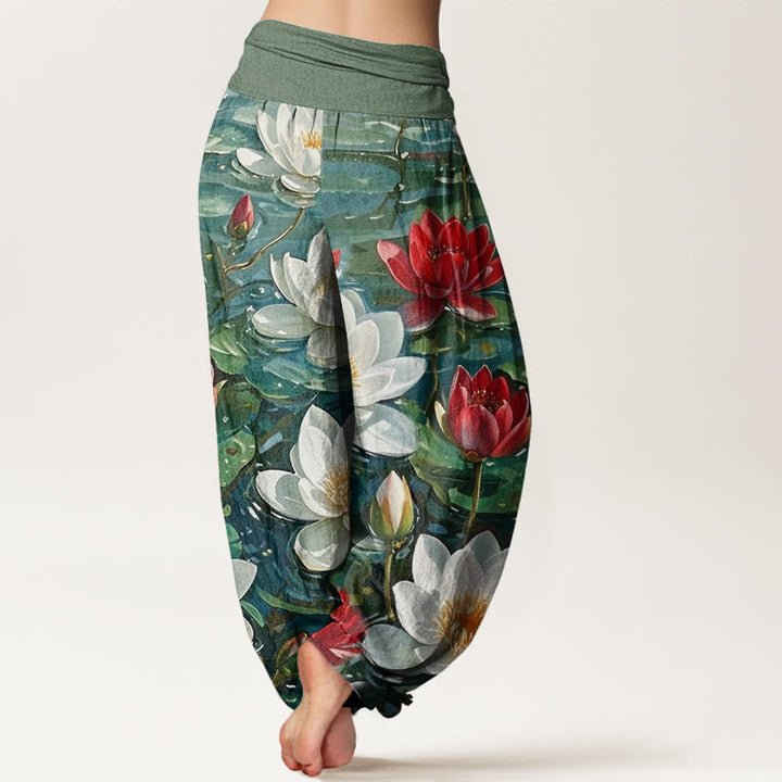 Pantalones harén con cintura elástica para mujer, informales, con estampado de flor de loto roja y Buddha Stones - image 3