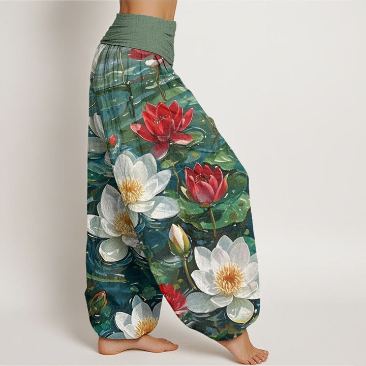 Pantalones harén con cintura elástica para mujer, informales, con estampado de flor de loto roja y Buddha Stones - image 1