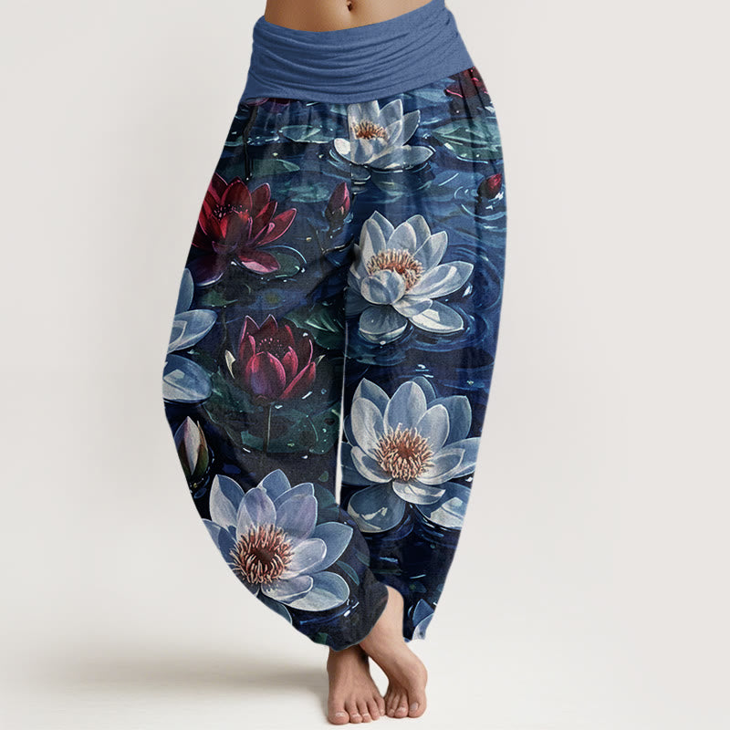 Pantalones harén con cintura elástica para mujer, informales, con estampado de flor de loto roja y Buddha Stones - Azul medio - US22，UK/AU26，EU54 (6XL) - image 4