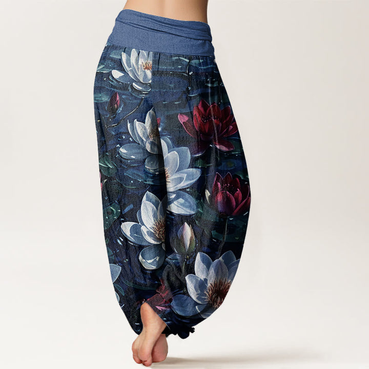 Pantalones harén con cintura elástica para mujer, informales, con estampado de flor de loto roja y Buddha Stones - image 6