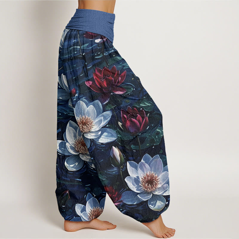 Pantalones harén con cintura elástica para mujer, informales, con estampado de flor de loto roja y Buddha Stones - image 6