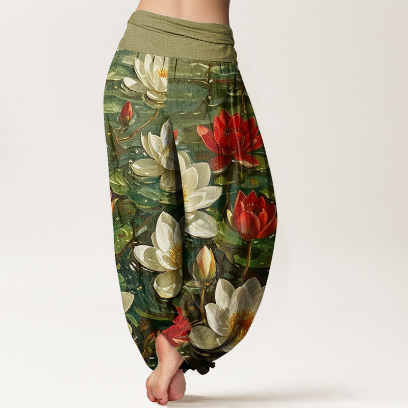Pantalones harén con cintura elástica para mujer, informales, con estampado de flor de loto roja y Buddha Stones - image 9
