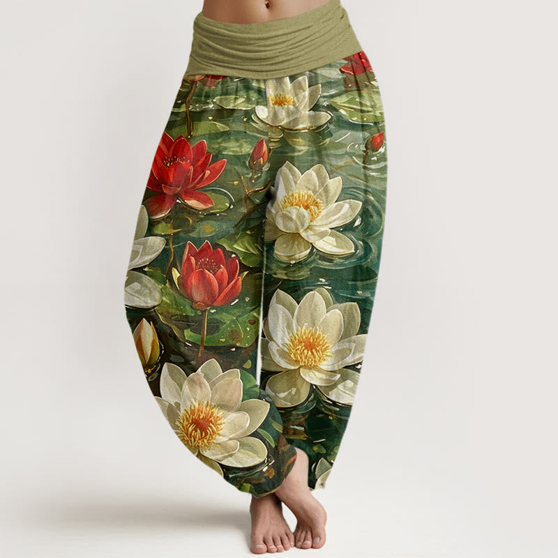 Pantalones harén con cintura elástica para mujer, informales, con estampado de flor de loto roja y Buddha Stones - Aceituna - US22，UK/AU26，EU54 (6XL) - image 8
