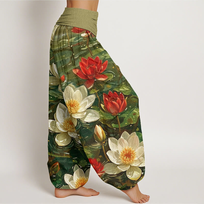 Pantalones harén con cintura elástica para mujer, informales, con estampado de flor de loto roja y Buddha Stones - image 9