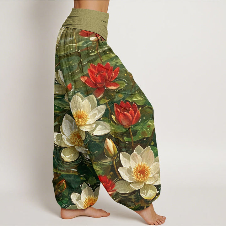 Pantalones harén con cintura elástica para mujer, informales, con estampado de flor de loto roja y Buddha Stones - image 9