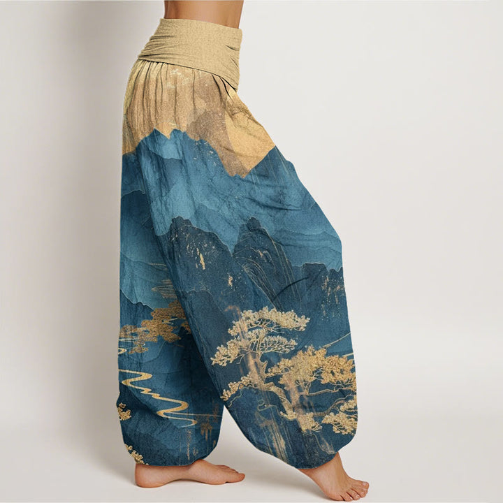Pantalones harén de cintura elástica para mujer con estampado de ramas de árboles y montañas con Buddha Stones - image 1