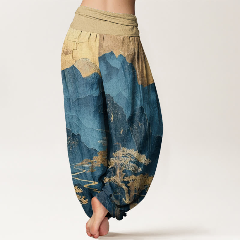 Pantalones harén de cintura elástica para mujer con estampado de ramas de árboles y montañas con Buddha Stones - image 3