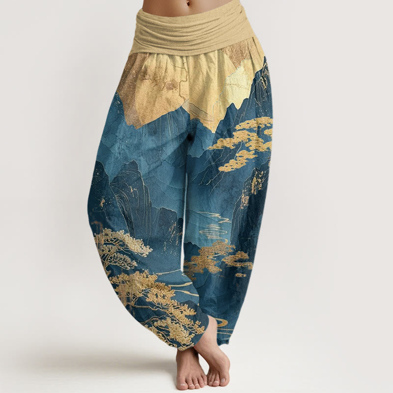 Pantalones harén de cintura elástica para mujer con estampado de ramas de árboles y montañas con Buddha Stones - Azul acero - US22，UK/AU26，EU54 (6XL) - image 0