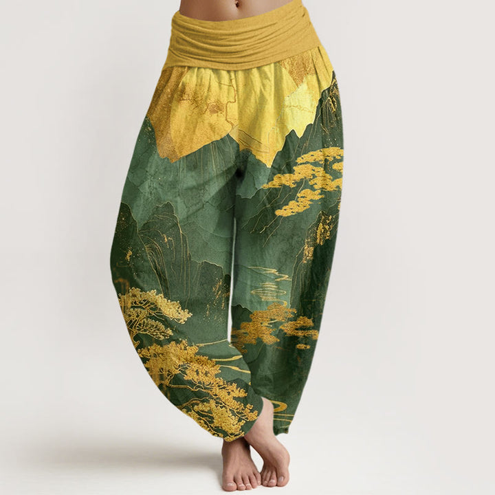 Pantalones harén de cintura elástica para mujer con estampado de ramas de árboles y montañas con Buddha Stones - Verde - US22，UK/AU26，EU54 (6XL) - image 4