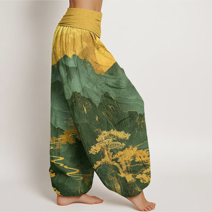 Pantalones harén de cintura elástica para mujer con estampado de ramas de árboles y montañas con Buddha Stones - image 6