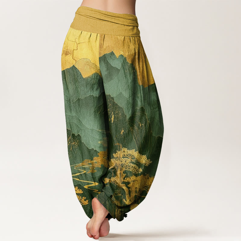 Pantalones harén de cintura elástica para mujer con estampado de ramas de árboles y montañas con Buddha Stones - image 6