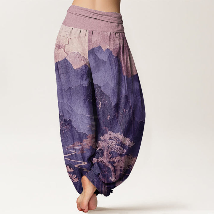 Pantalones harén de cintura elástica para mujer con estampado de ramas de árboles y montañas con Buddha Stones - image 9