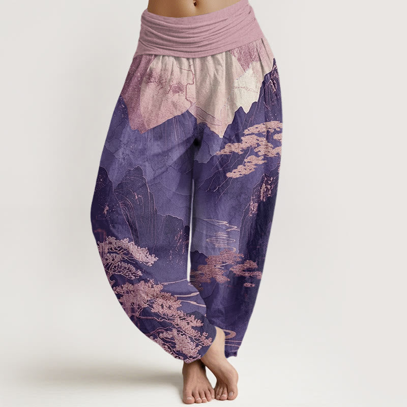 Pantalones harén de cintura elástica para mujer con estampado de ramas de árboles y montañas con Buddha Stones - Orquídea Oscura - US22，UK/AU26，EU54 (6XL) - image 7