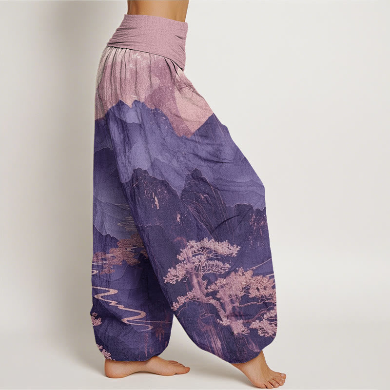 Pantalones harén de cintura elástica para mujer con estampado de ramas de árboles y montañas con Buddha Stones - image 8