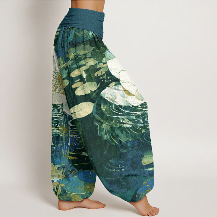 Pantalones harén con cintura elástica para mujer, con estampado de flor de loto y Buddha Stones - image 1