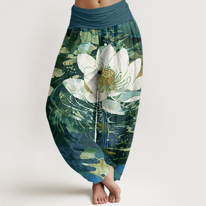 Pantalones harén con cintura elástica para mujer, con estampado de flor de loto y Buddha Stones - Verdemar - US22，UK/AU26，EU54 (6XL) - image 0