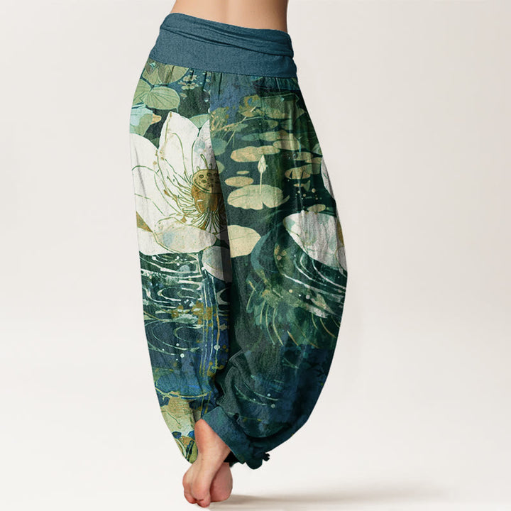Pantalones harén con cintura elástica para mujer, con estampado de flor de loto y Buddha Stones - image 3
