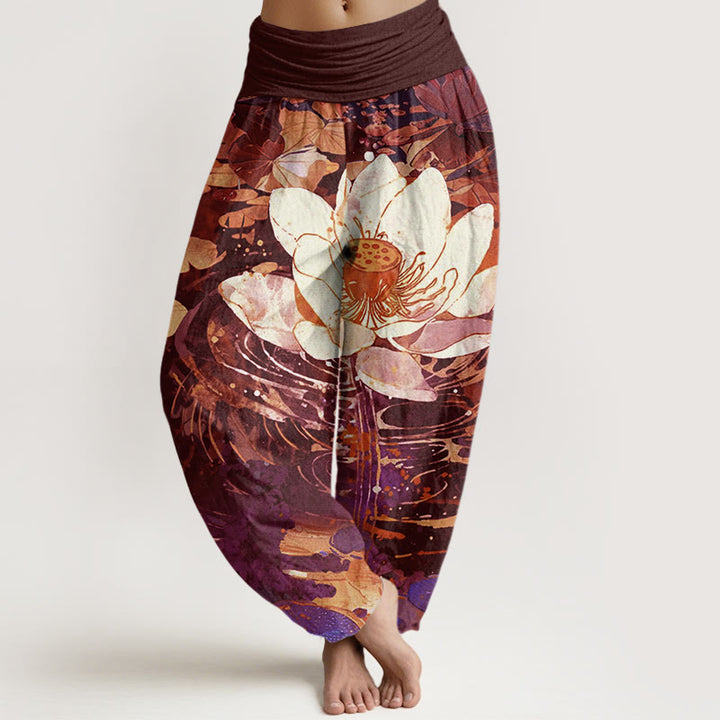 Pantalones harén con cintura elástica para mujer, con estampado de flor de loto y Buddha Stones - Marrón - US22，UK/AU26，EU54 (6XL) - image 4
