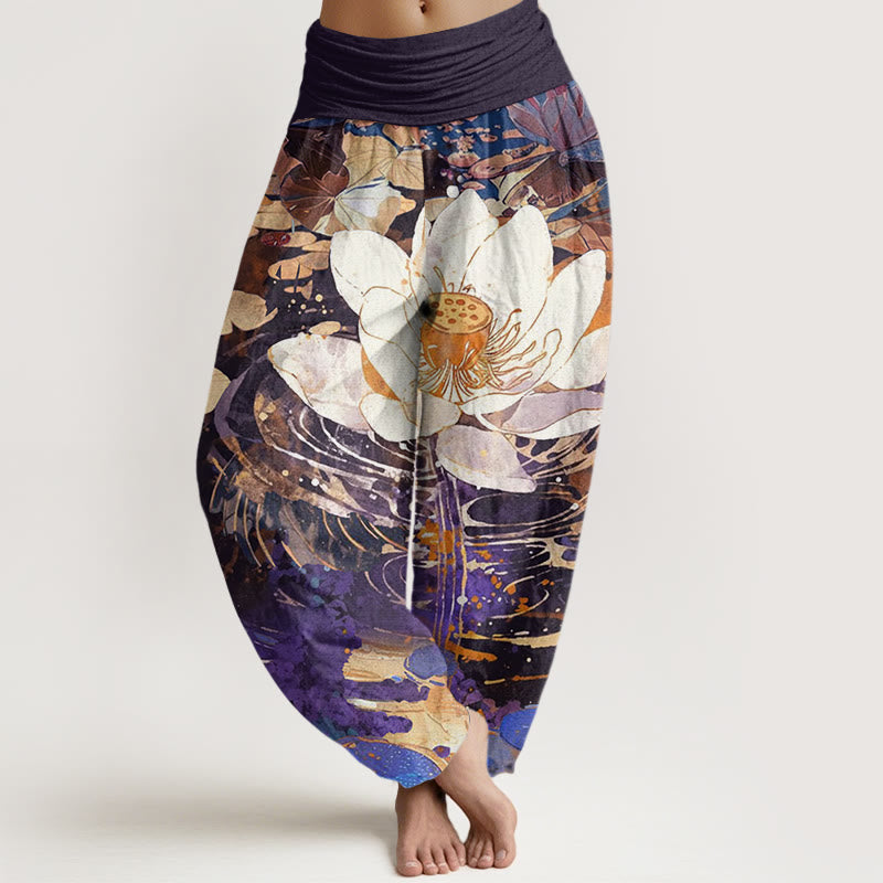 Pantalones harén con cintura elástica para mujer, con estampado de flor de loto y Buddha Stones - Índigo - US22，UK/AU26，EU54 (6XL) - image 7